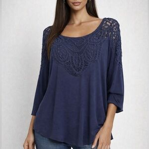Maitai Navy Blue Crochet Lace Yoke Blouse/Boho 3/4 Sleeve Top (1167)